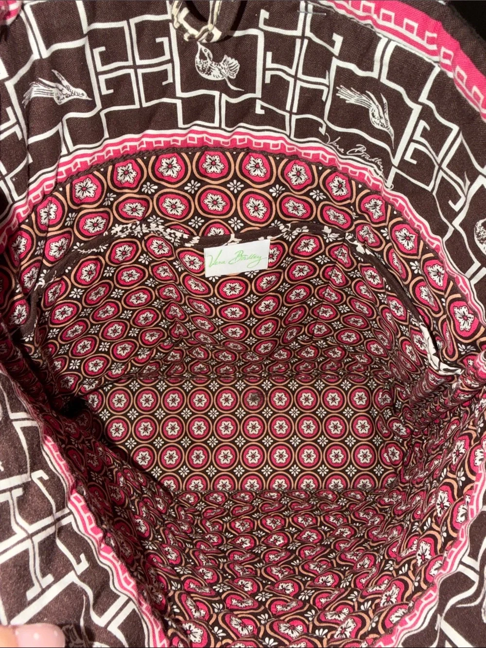 Quilted Floral Tote Bag in Brown and White with Pink Trim